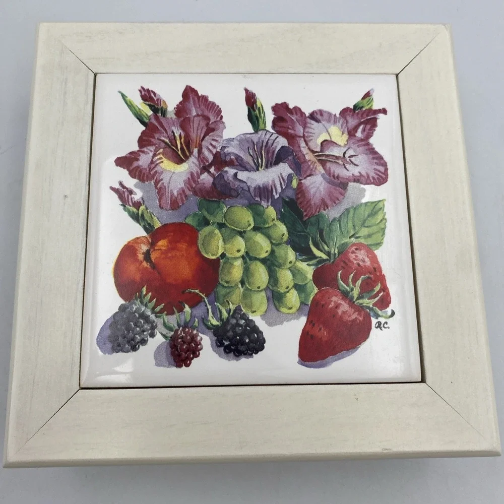 Vintage White Wood Jewelry Box‎ with Ceramic Tile Lid Fruit and Flowers